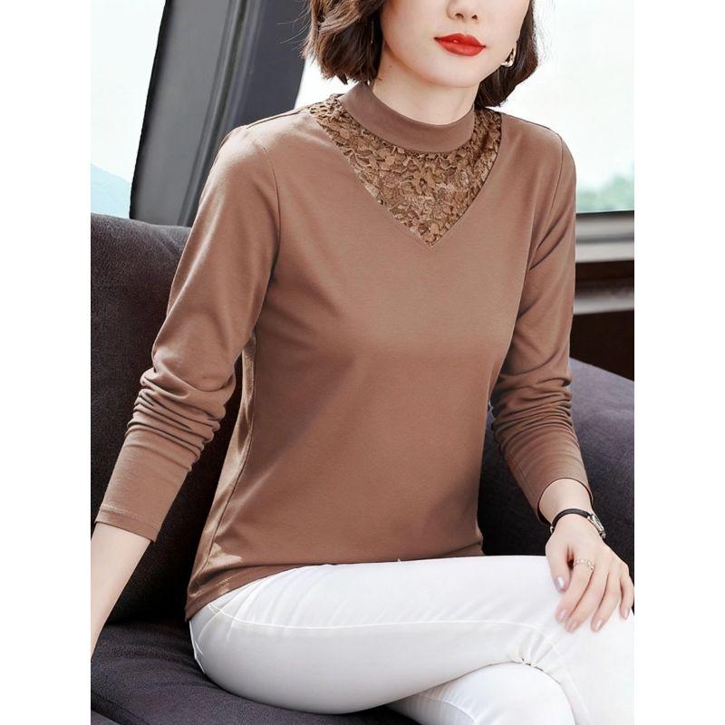 Pure Cotton Half-Turtleneck Lace Base Shirt for Women, New Spring, Autumn, and Winter Style, Fleece-Lined Long-Sleeve Slim-Fit Inner Top, Trendy