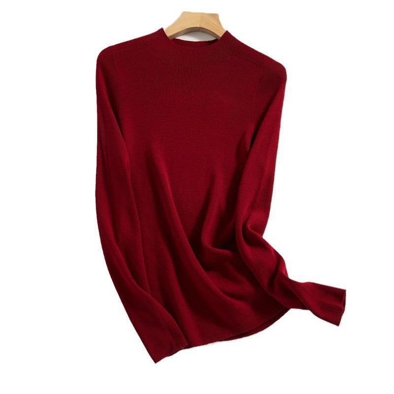 Worsted pure wool machine washable sweater seamless all-in-one semi-turtleneck wool sweater women's top slim fit