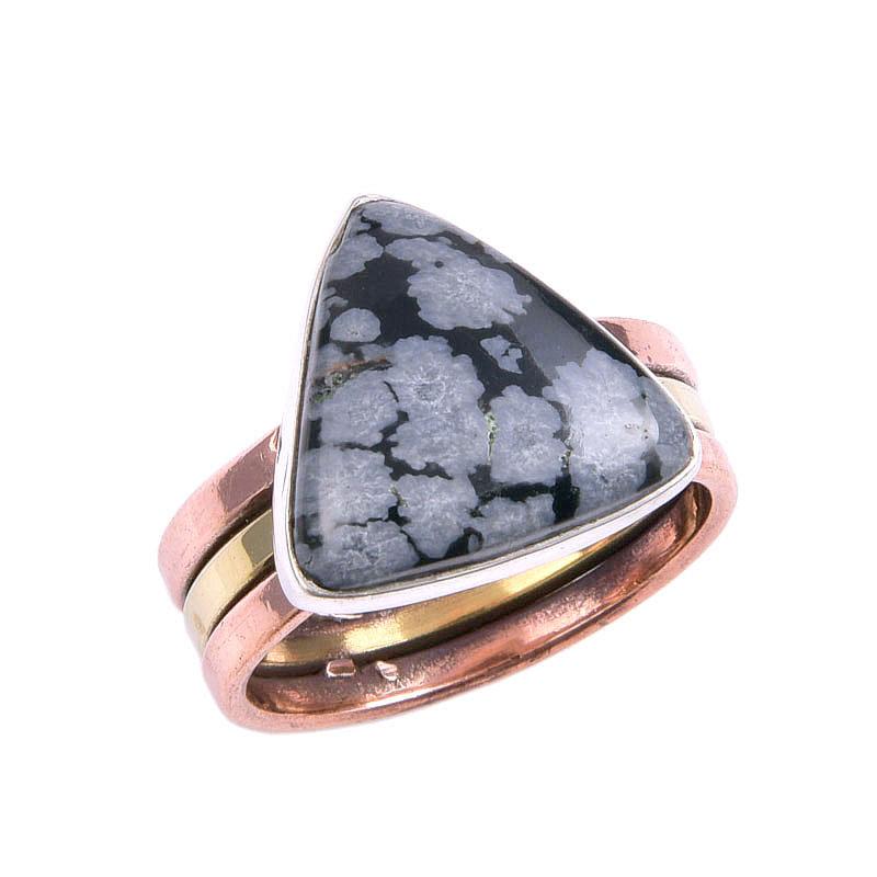 Natural Snowflake Obsidian Gemstone Two Tone 925 Sterling Silver Ring S.8 D4d09