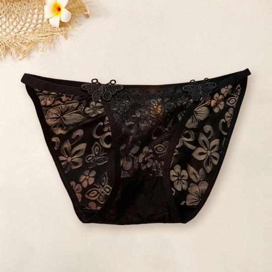 Women Panties See-through Lace Flower Embroidery Applique Soft Mesh Low Waist Cotton Crotch Thin Soft Breathable Hollow Out Bow Decor Lady Briefs