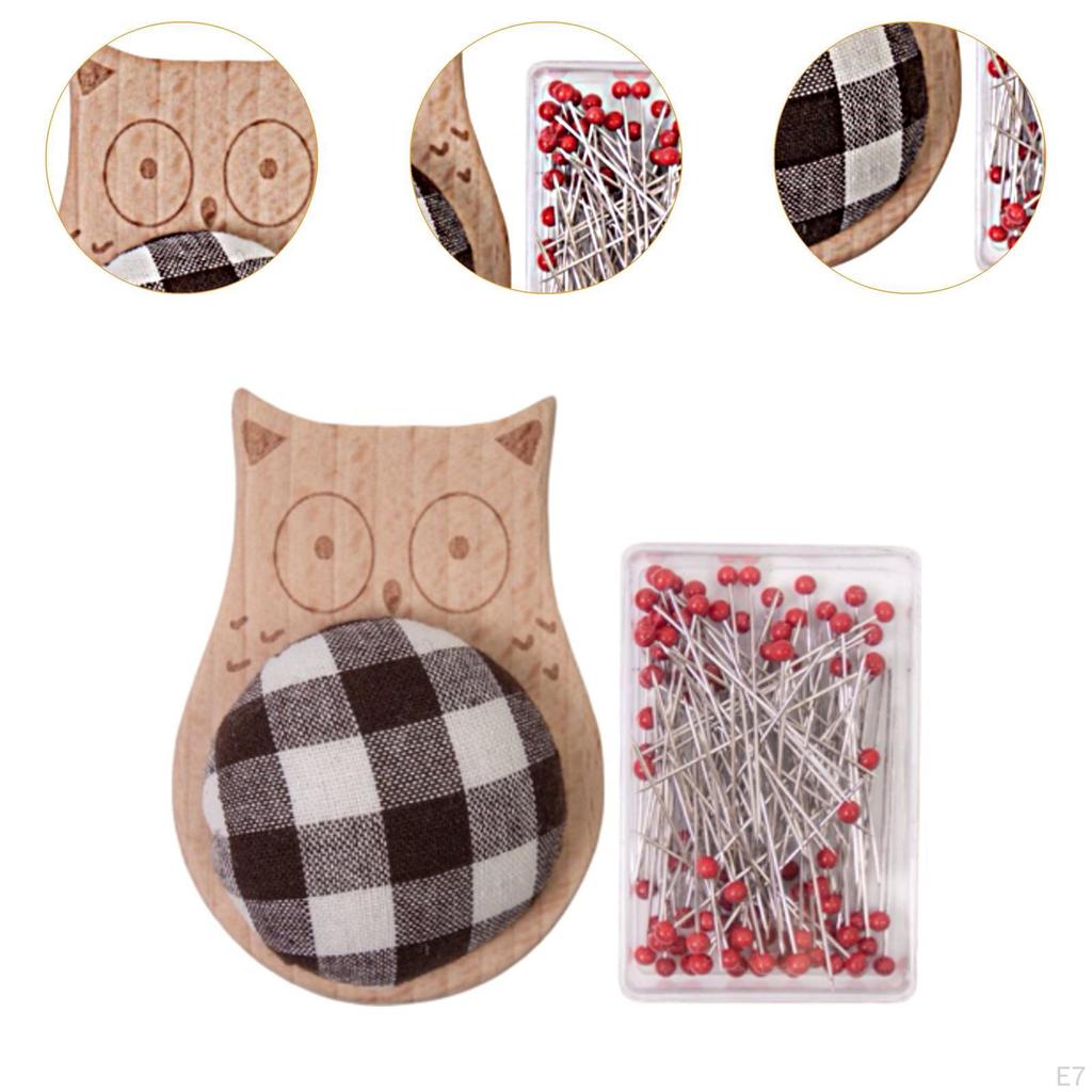 Cute Pin Cushion with Pins Ball Head Sewing Set DIY Craft Accessories Small Wooden Base