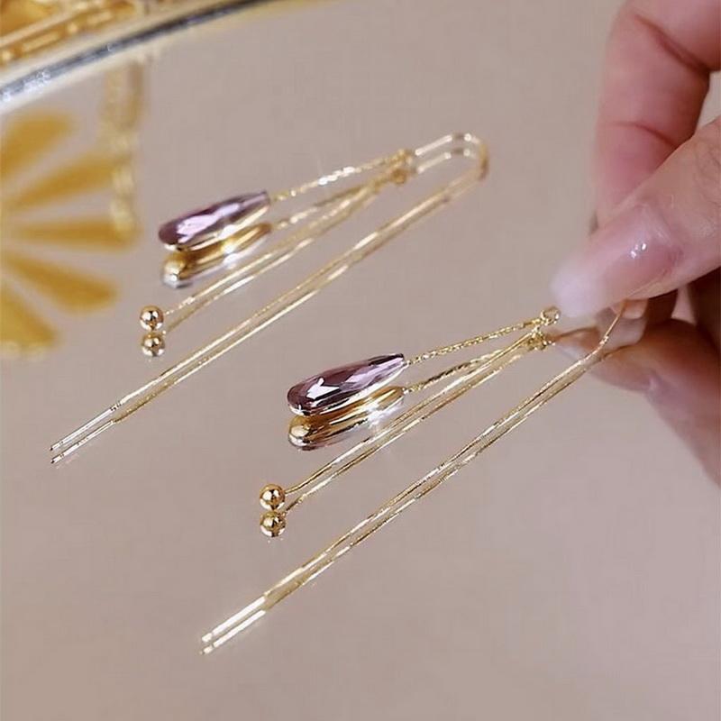 Korean Fashion Zircon Green Water Drop Earrings for Women Crystal Long Pendant Temperament Earring Girls Wedding Party Jewelry