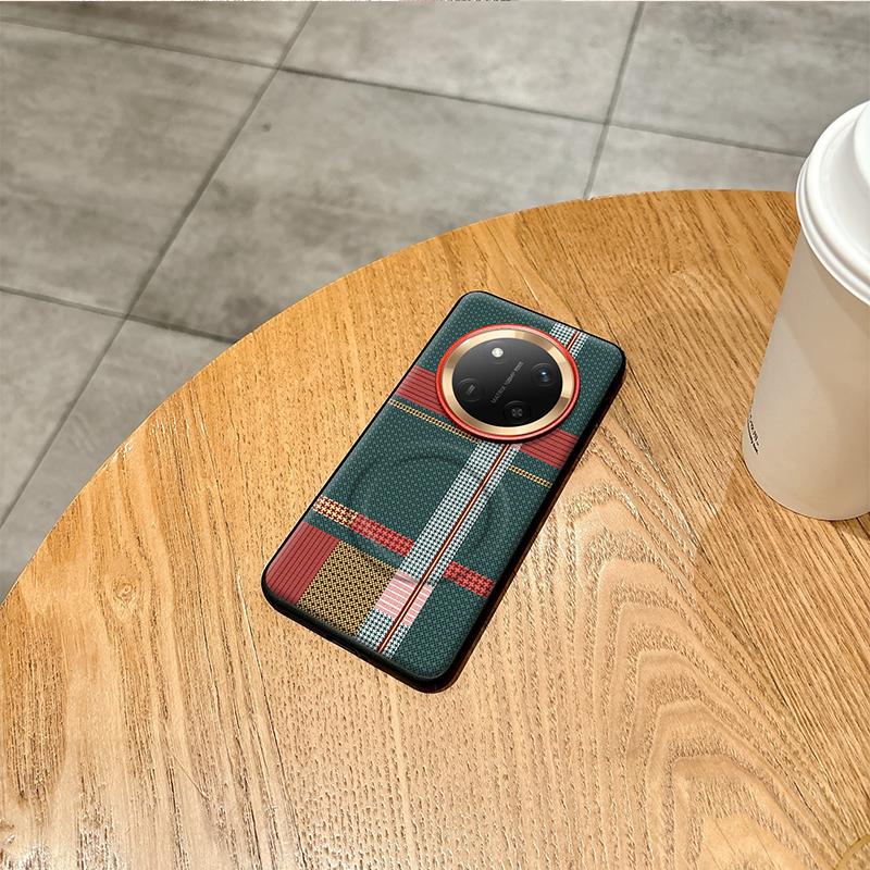 For Honor X60 Pro Case Red Green Stripe Pattern Leather Magsafe Individual Metal Keys Matte Anti-Slip Grip Soft Cover