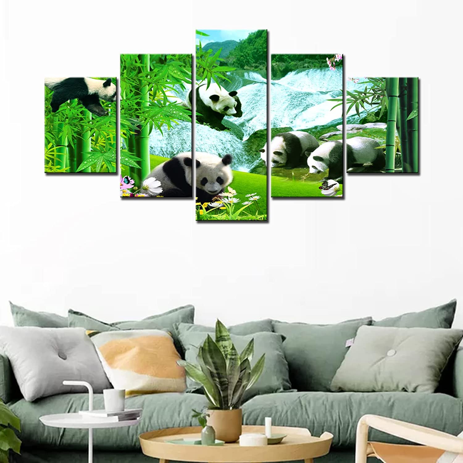 

5 шт. панда, пять панд, веселитесь, цветок, зеленая панда, любители бамбукового леса, водопад, пейзажи, картины на холсте, настенное искусство