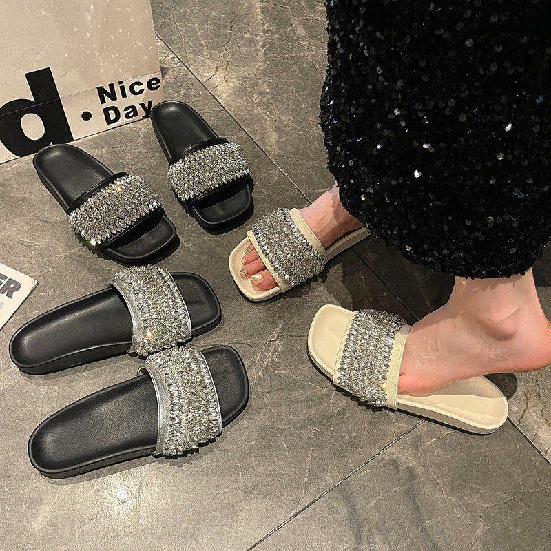 Cool Slippers Women'S Summer Fashion Outer Wear Casual Open-Toed Sandals Flat Bottom One-Word Buckle With Rhinestones