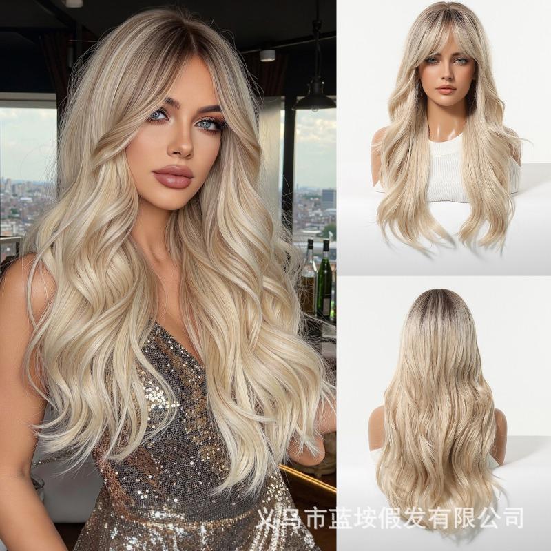 Platinum Gradual Change Wig Air Bangs Fluffy Lazy Wind Curly Hair Full Headgear