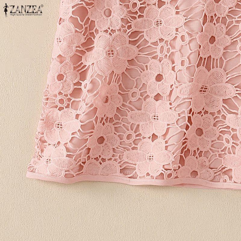 ZANZEA Women Casual Round Neck Lace Patchwork Summer Loose Short Sleeve T-Shirts