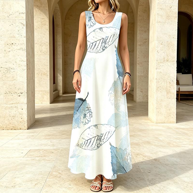 Women's Sleeveless Leaf Print Maxi Dress Summer Beach & Daily Commute,Loose Lightweight & Breathable,Versatile for Vacation & Casual Outings