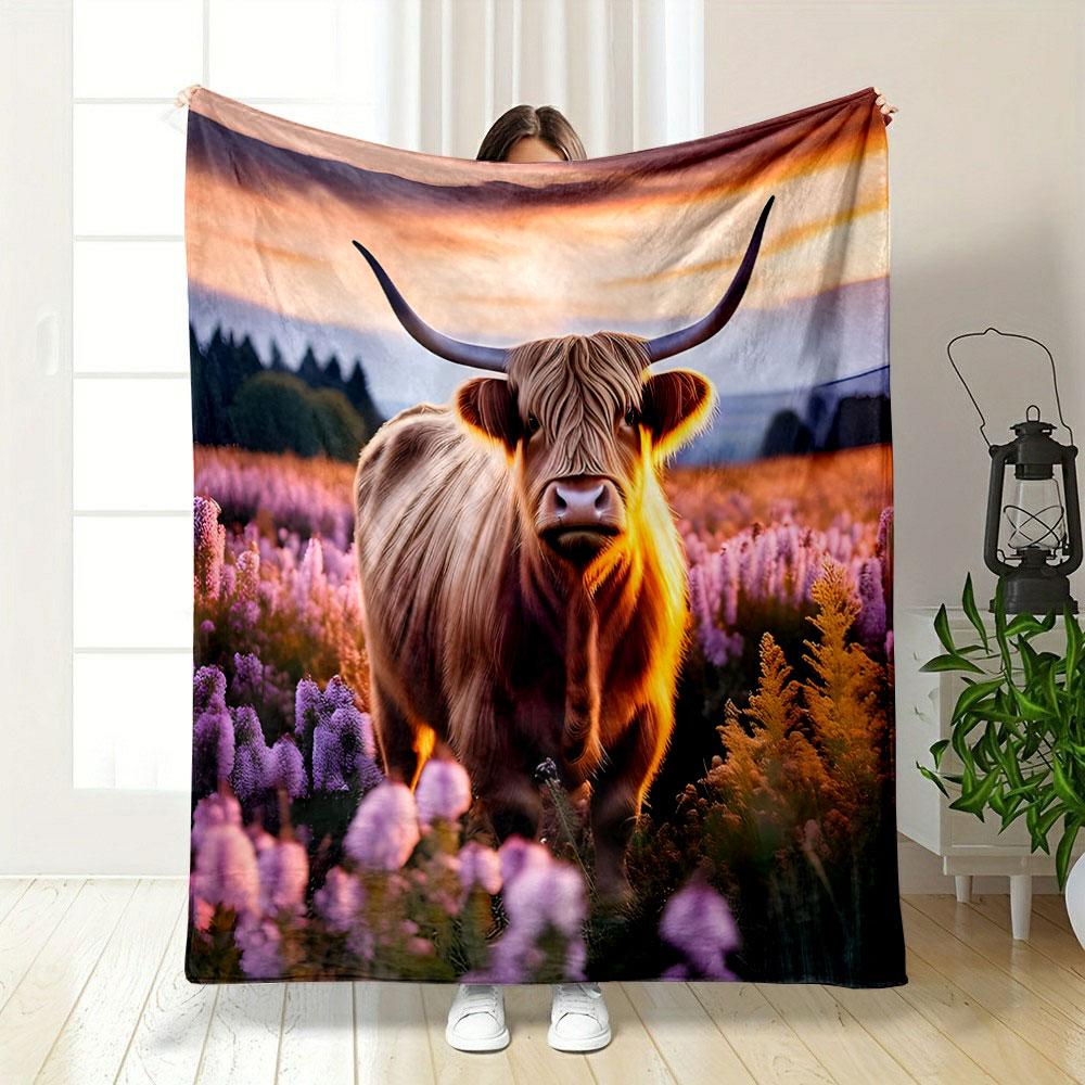 Highland Cow In Lavender Field Print Blanket Soft and Cozy Perfect for the Living Room Bed Sofa or a Nap,gift