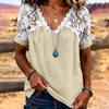 Women Casual Loose Fit Short Sleeve V Neck Blouse with Floral Crochet Lace Patchwork Top Daily Wear