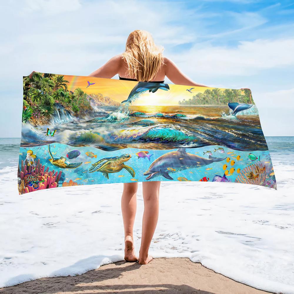 Popular Ocean Turtle Pattern Beach Towel Microfiber Absorbent Bath Towel Quick-Drying Double-Sided Velvet Beach Blanket