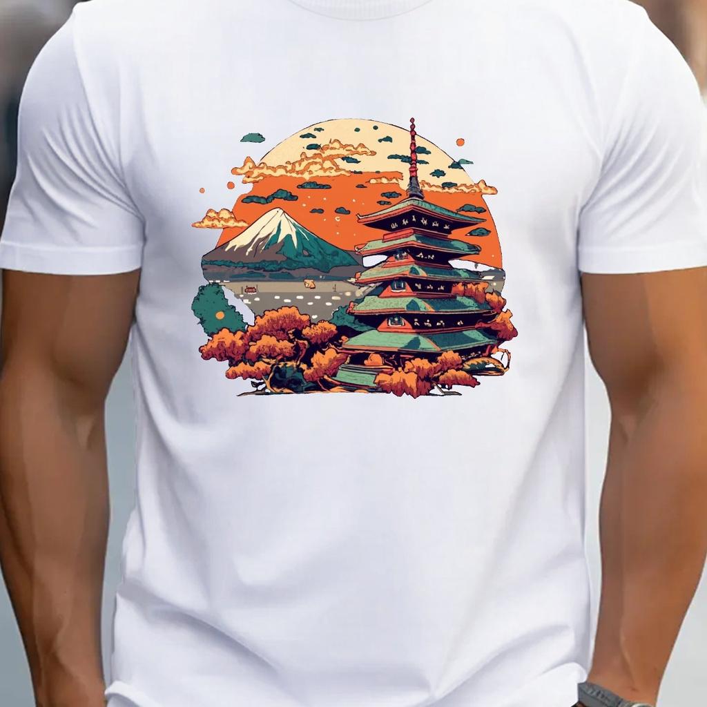 Japanese Pagoda Mount Fuji Print Mens Cotton Graphic Tee Casual Breathable Short Sleeve TShirt