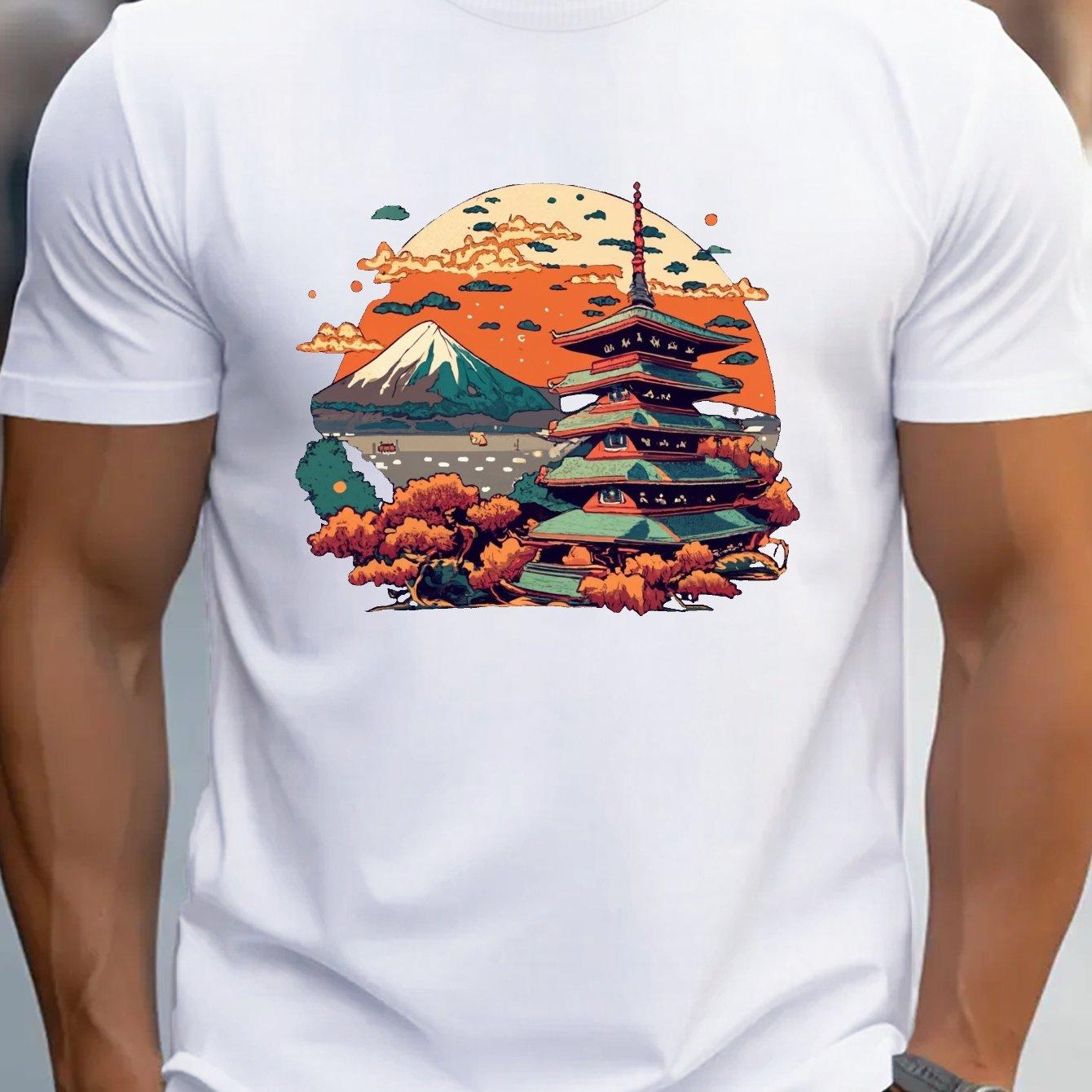 Japanese Pagoda Mount Fuji Print Mens Cotton Graphic Tee Casual Breathable Short Sleeve TShirt S