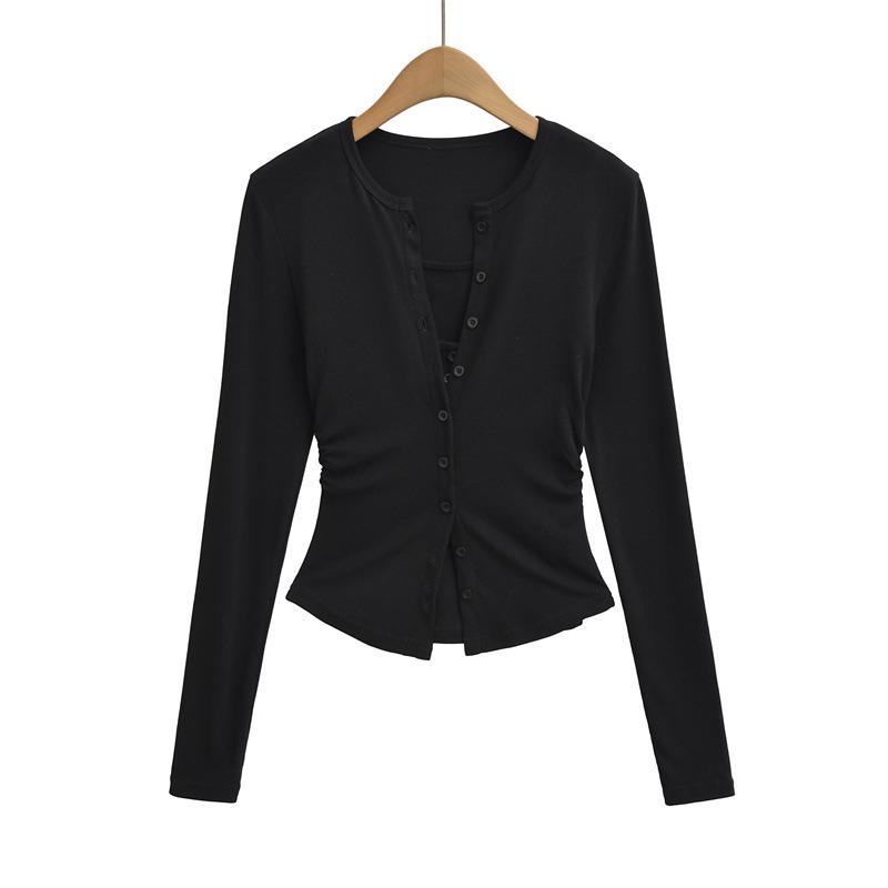 Women's Slim-Fit Korean Style Waist-Cinching Long-Sleeve Cardigan and Sheer Vest Set
