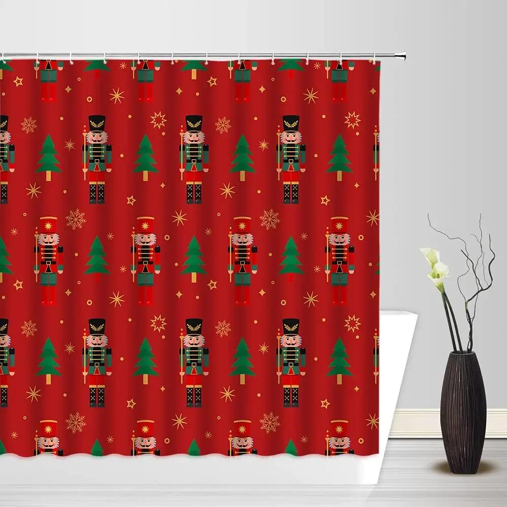 Christmas Nutcracker Shower Curtain, Christmas Tree Snowman Bathroom Curtain Decoration Set With Hook Fabric Christmas Gift