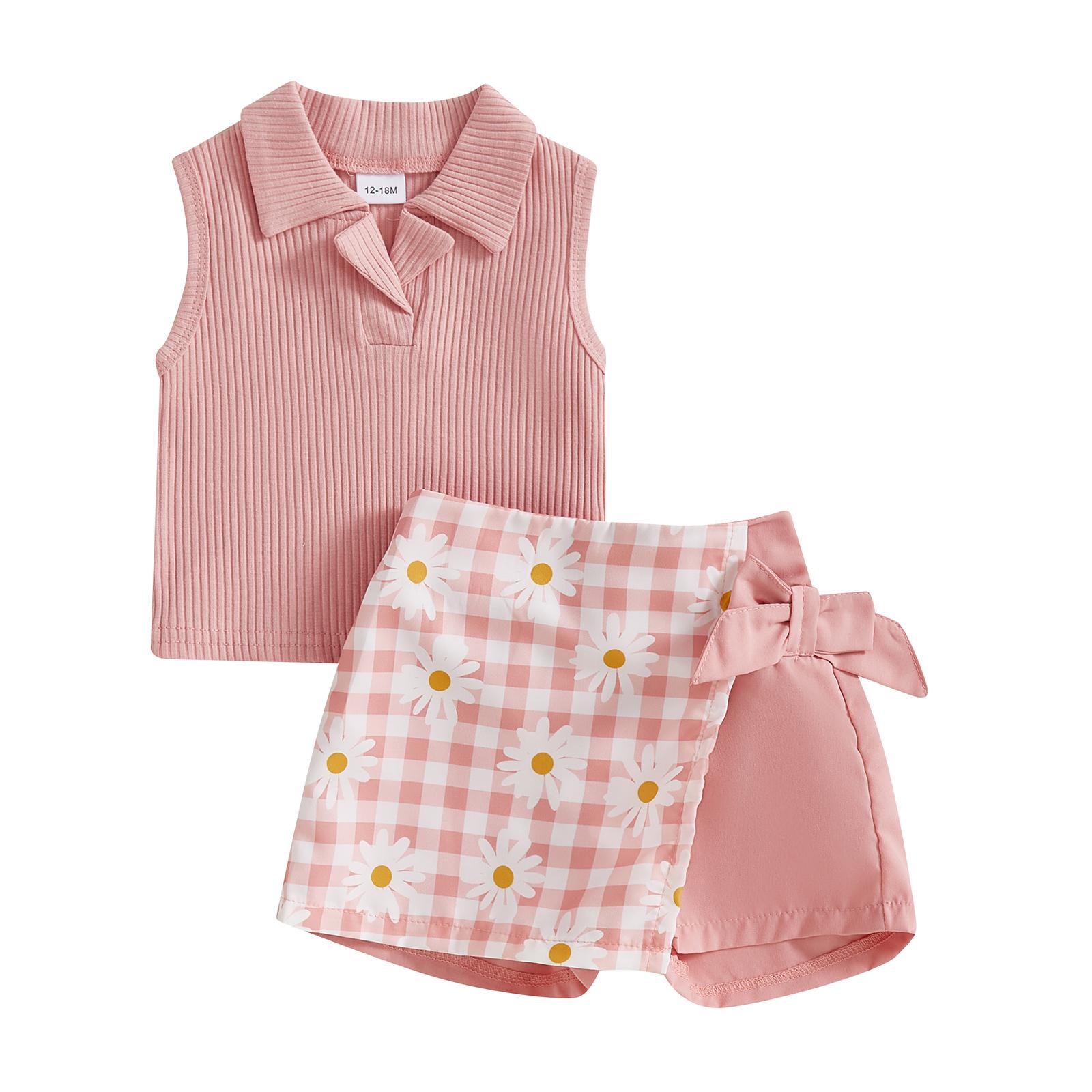 

Комплект из 2 предметов летней одежды для девочек: топы без рукавов с воротником + юбка с цветочным принтом и шорты, одежда для малышей 4-5 Years розовый