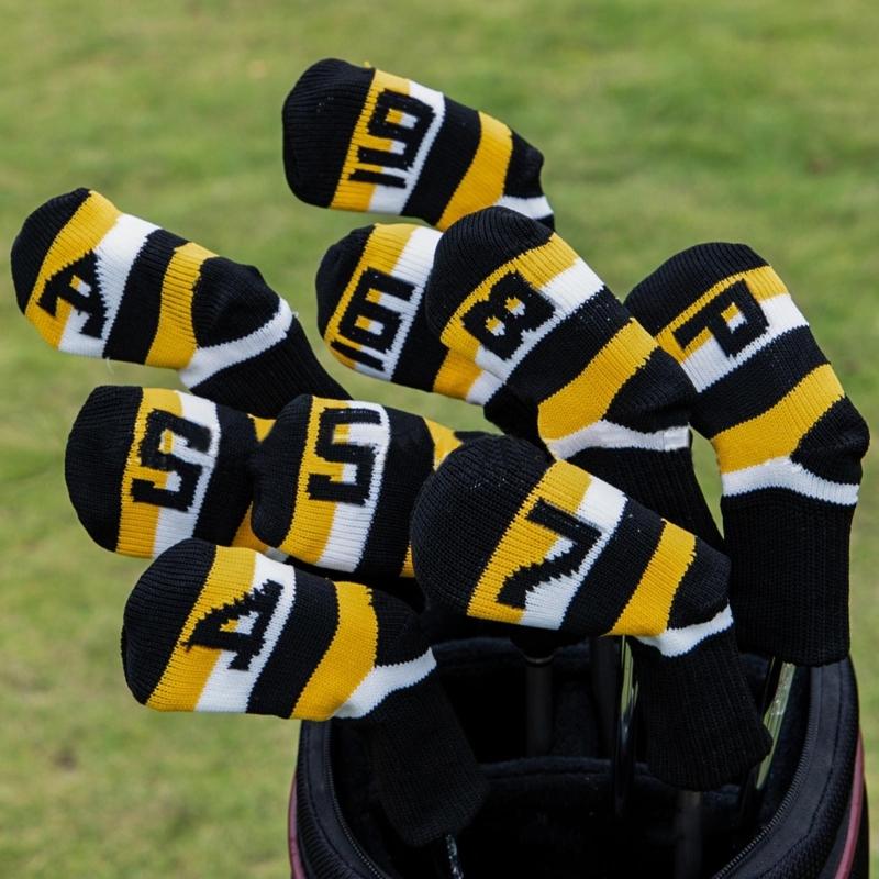 9Pcs Golf Head Headcover Set Knitted Fabric Golf Iron Head Covers Golf Wedges Cover with Big Numbers for Golf Club Head