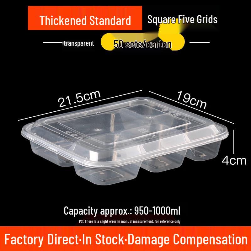 Disposable Rectangular 5-Compartment Takeaway Containers