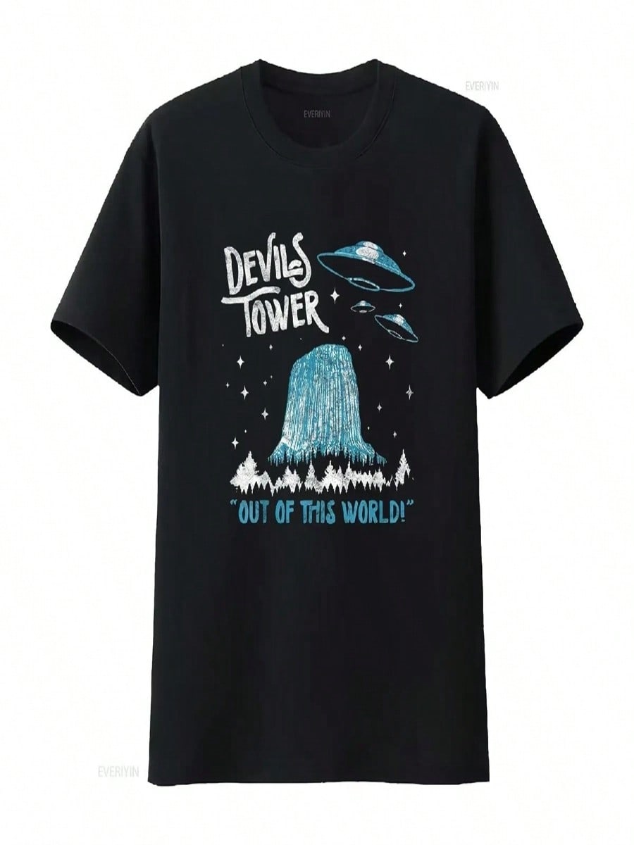 Devils Tower National Monut Out Of This World Funny UFO T Shirt Vintage Washed Breathable Homme Stretched Soft Graphic S разноцветный