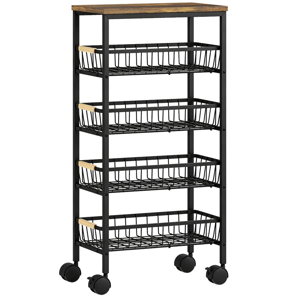 Metal Kitchen Trolley 4 Tier Storage Trolley With Pull Out Baskets And 4 Swivel Casters For Kitchen Rustic Brown