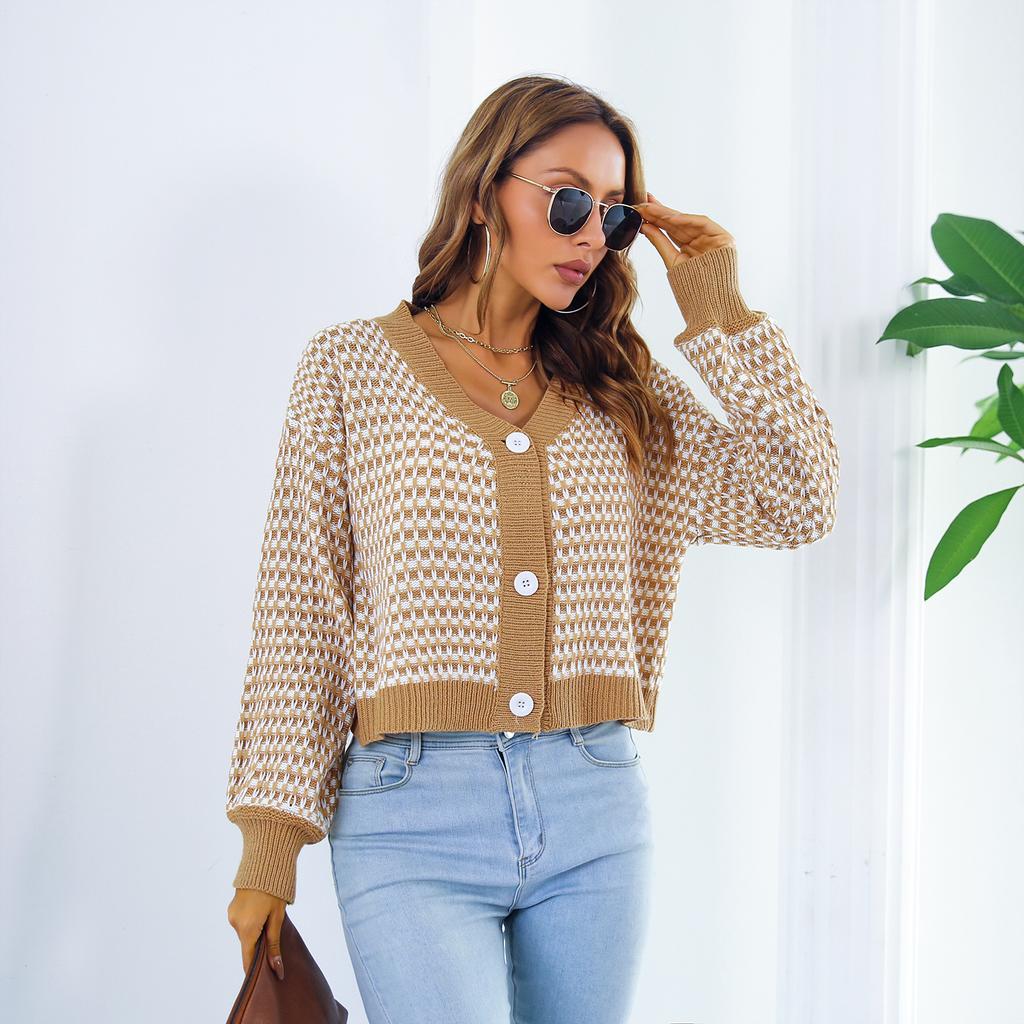 QICED Moda damă ocazional imprimeu carouri toamnă iarnă cu mâneci lungi cu decolteu în V pulovere largi