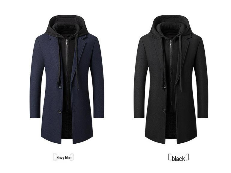 Korean-Style Men's Wool Blend Mid-Length Coat with Removable Hood