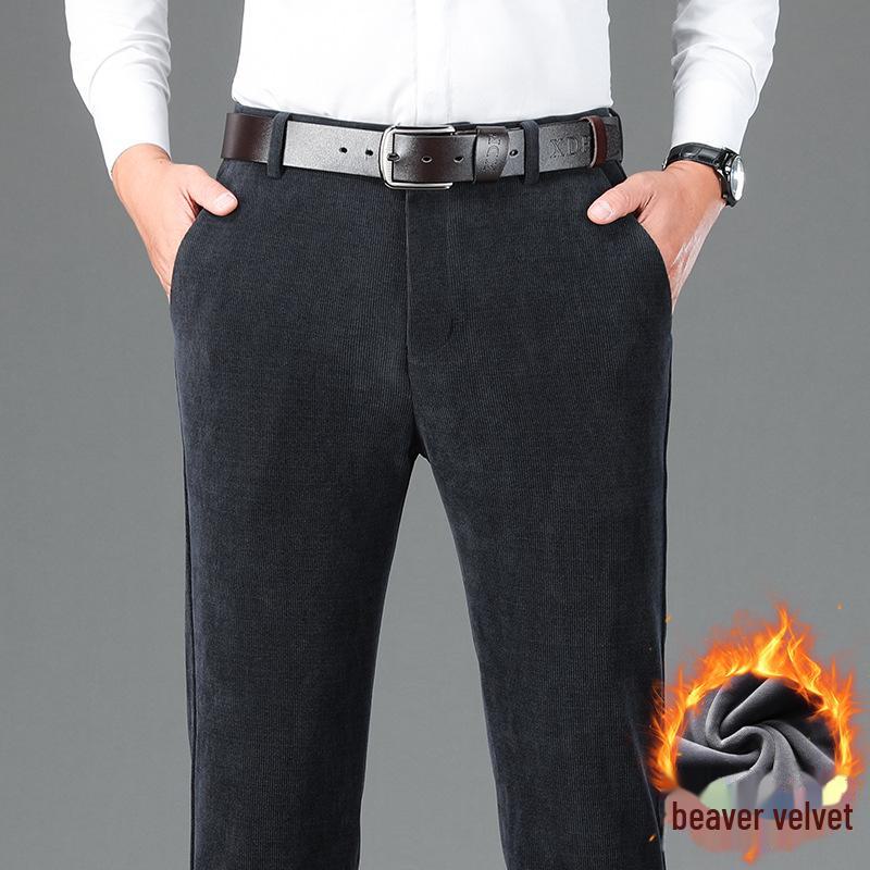 Pantaloni casual groși de catifea reiată de înaltă calitate pentru bărbați - Toamnă/Iarnă, Drepți, Largi, cu Plus de Catifea, Pantaloni Business cu Drapeu