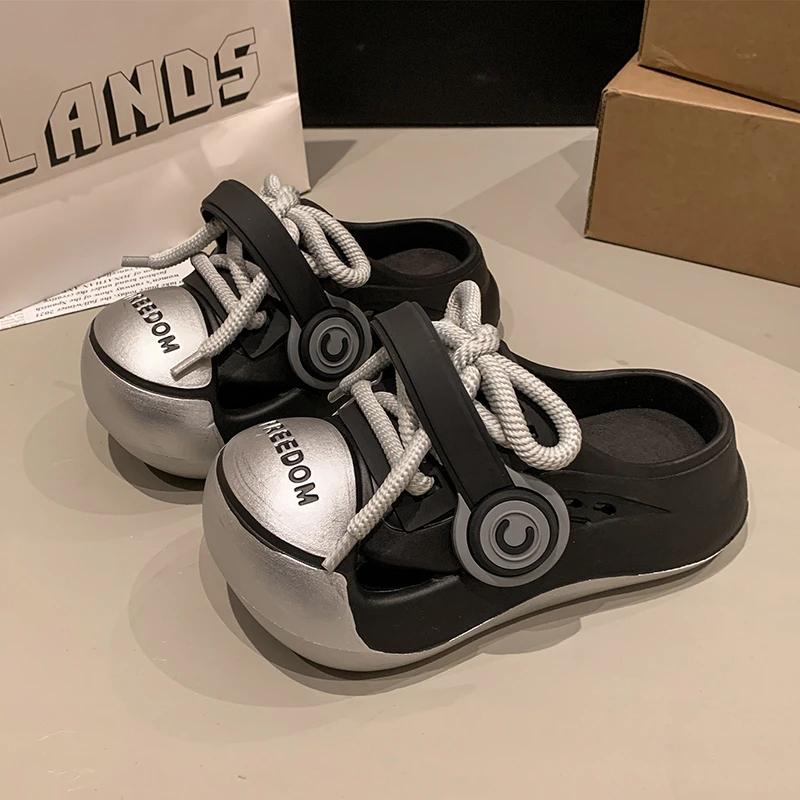 Fashion Women's Fashion Slippers Round Toe Platform Sole Lace-up Shoes Women Leisure Outdoor Korean Style Anti-Slip Zapatillas De Mujer