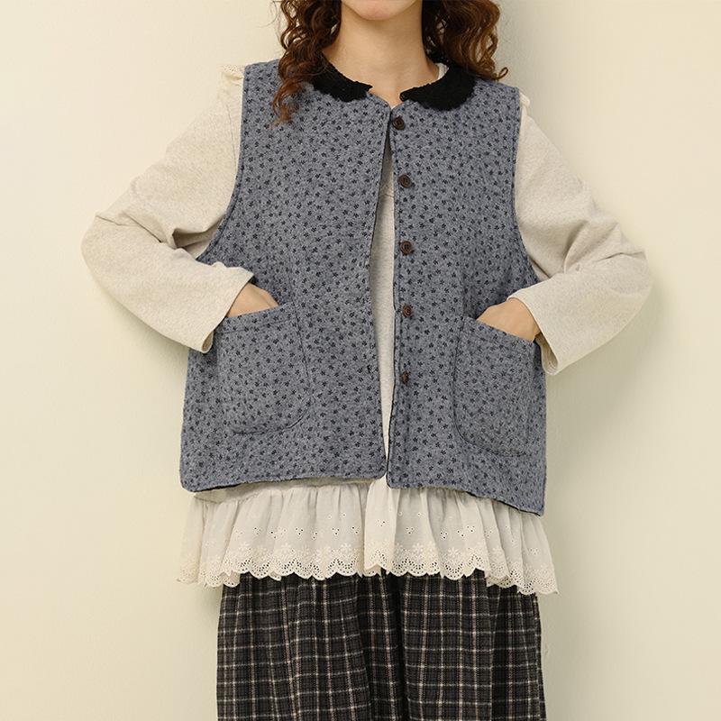 

Sweet Mori Lace-Collar Floral Quilted Sleeveless Cotton Vest One size синій
