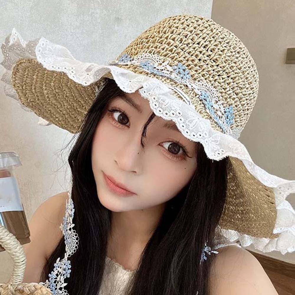 Lightweight Big Brimmed Straw Hat with Garland Woven Sun Cap Elegant Vacation Beach Cap  Summer