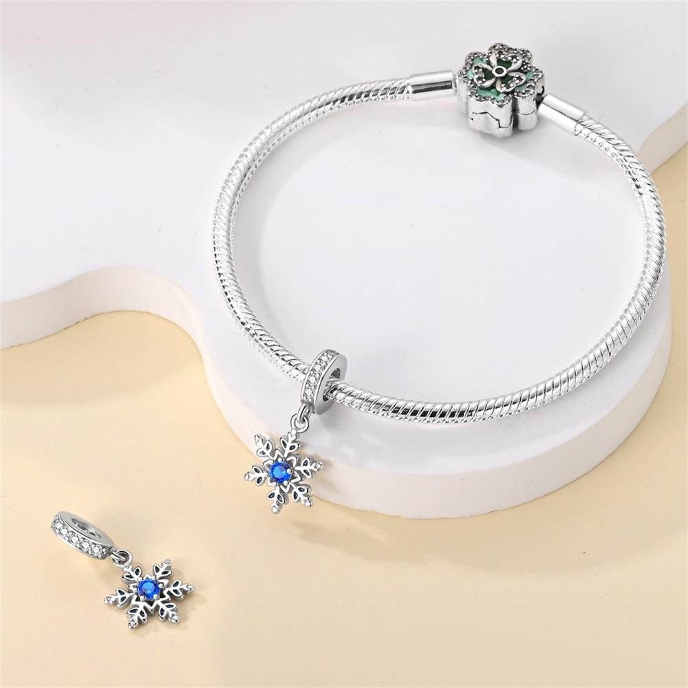 Authentic copper Charm Bead Charms Luxury Blue Zircon Snowflake Pendant Bead Charms Compatible With Bracelets Diy Women Making Delicate Gift