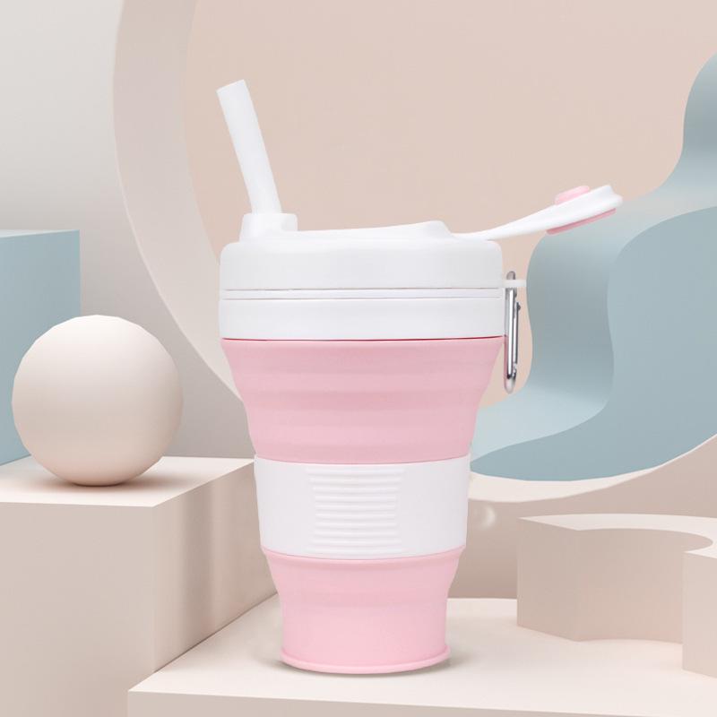 Nueva Taza Plegable de Gel de Sílice Taza de Café Plegable con Pajita Mosquetón con Botón de Escalada
