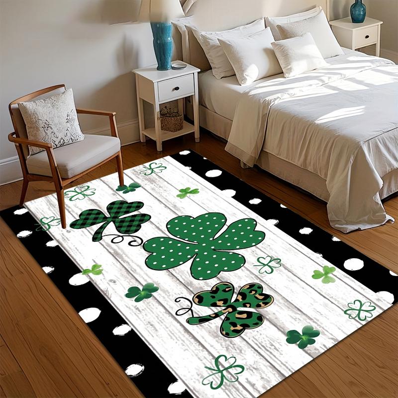 Playful Shamrock Pattern Area Rug Clover with Leopard Plaid Accents White Wood Background Floor Mat for Entryway Home Decor 40x60cm