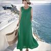 Women's Summer Fashion Color Round Neck Sleeveless Pocket Loose Cotton Linen Mid Length Dress