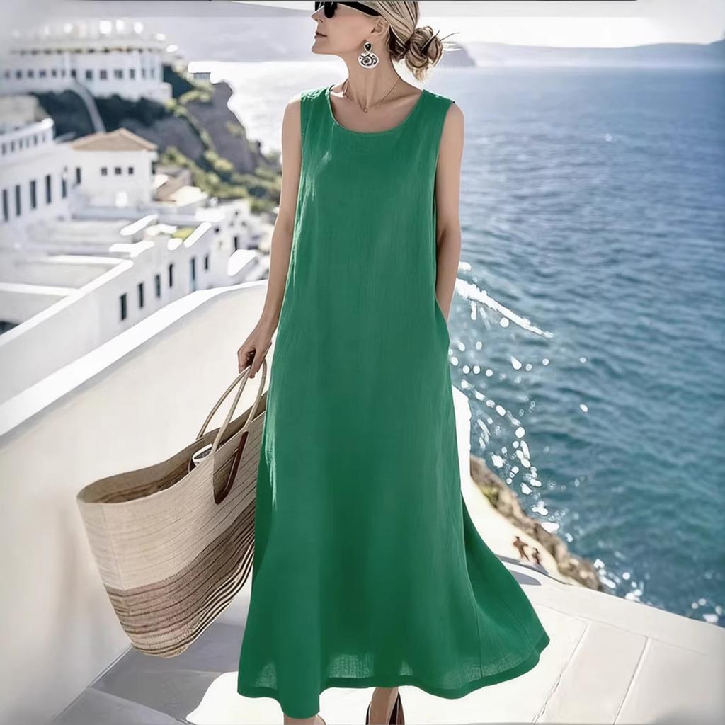 Women's Summer Fashion Color Round Neck Sleeveless Pocket Loose Cotton Linen Mid Length Dress