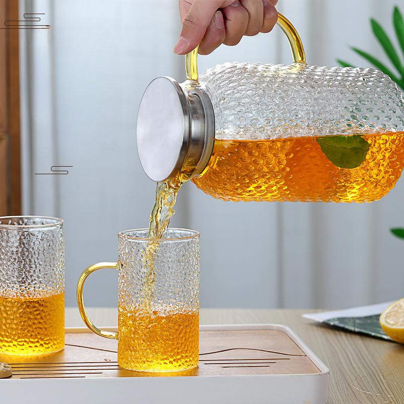 Rice Grain Pattern Glass Cold Water Kettle High Borosilicate Glass Summer Juice Pot Large Capacity Cold Water Kettle Set