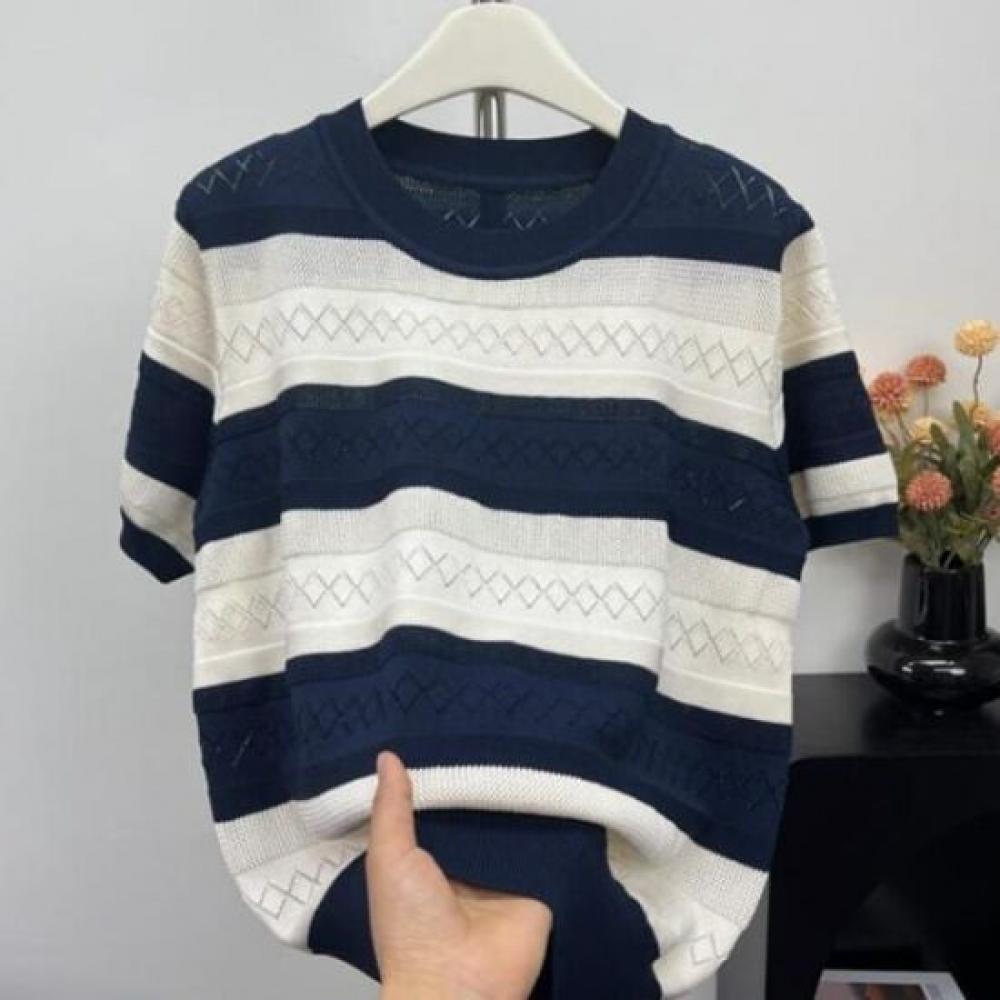 Navava Women Color Block Stripe Short Sleeve Knit Top Nk3008