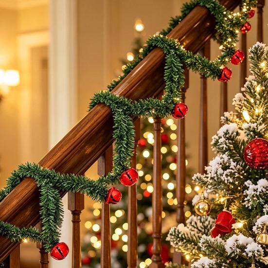 Christmas Garland for Stair Railings 11.8 Inch Ties Banister Bells, Decorative Twist Ties, Reusable Lifelike Greenery Artificial Pine Hanger
