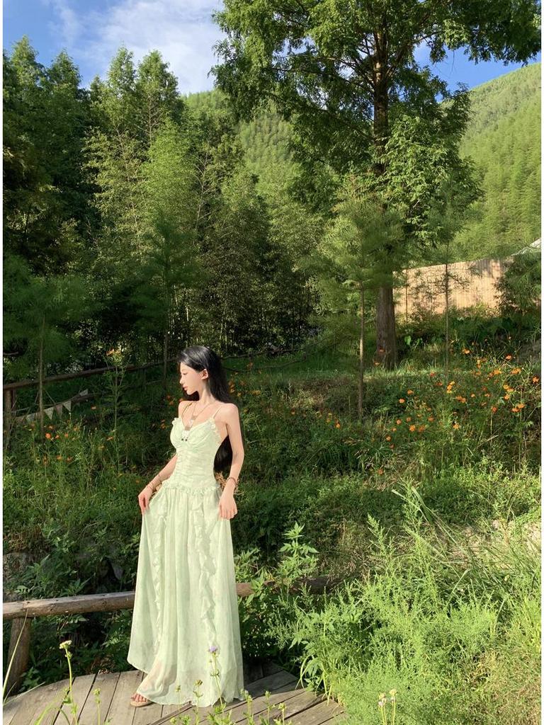 Women's Mint Green Floral French-Style Suspender Dress with Ruffle Waist