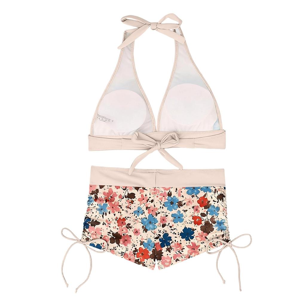 Women Two Piece Bikini Set Drawstring Boxer Shorts Swimsuit Halter Neck Top with Removable Padding Wireless Support Floral Print