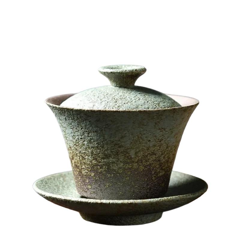 180ML Retro Coarse Pottery Three Gaiwan Household Kiln Change Ceramic Teacup Portable Beauty Tea Bowl Custom Traditional Tea Set