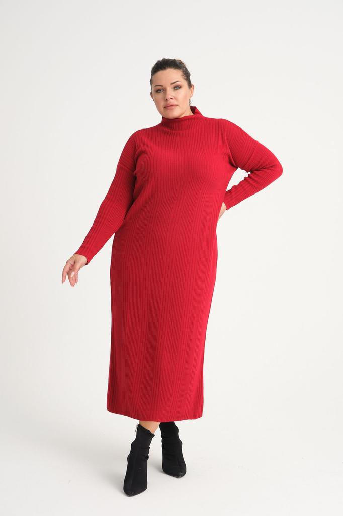 Damen Big Size Kleid Grün Halb Rollkragen Strickkleid Plus Size