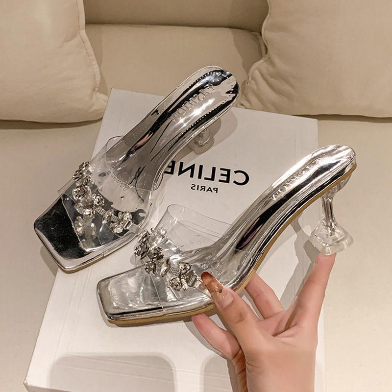 

Transparent sandals women s summer new outer wear wine glass and French rhinestone crystal high heels women s cool slippers tide 40