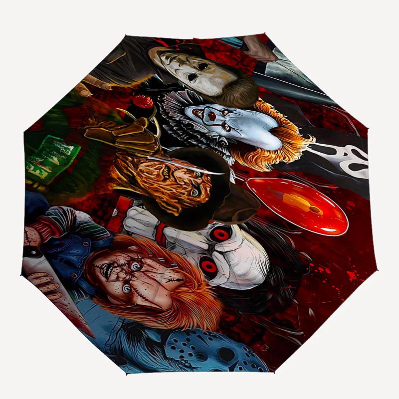 Horror Icons Themed Automatic Opening and Closing Umbrella, Brightly Colored 8-rib Portable Umbrella, Suitable for Men and Women, A Perfect