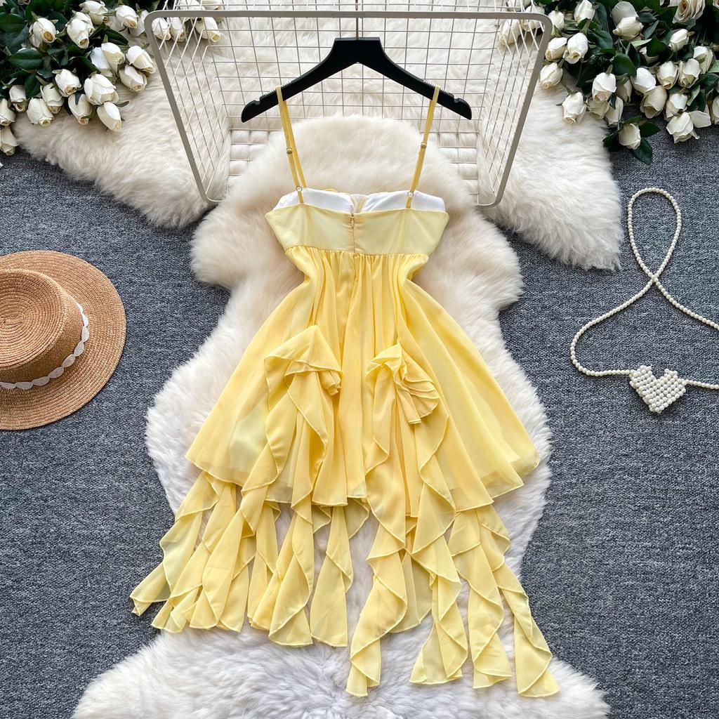 French yellow suspender pure desire wind dress women's summer irregular cake skirt ruffle edge vacation skirt high sense