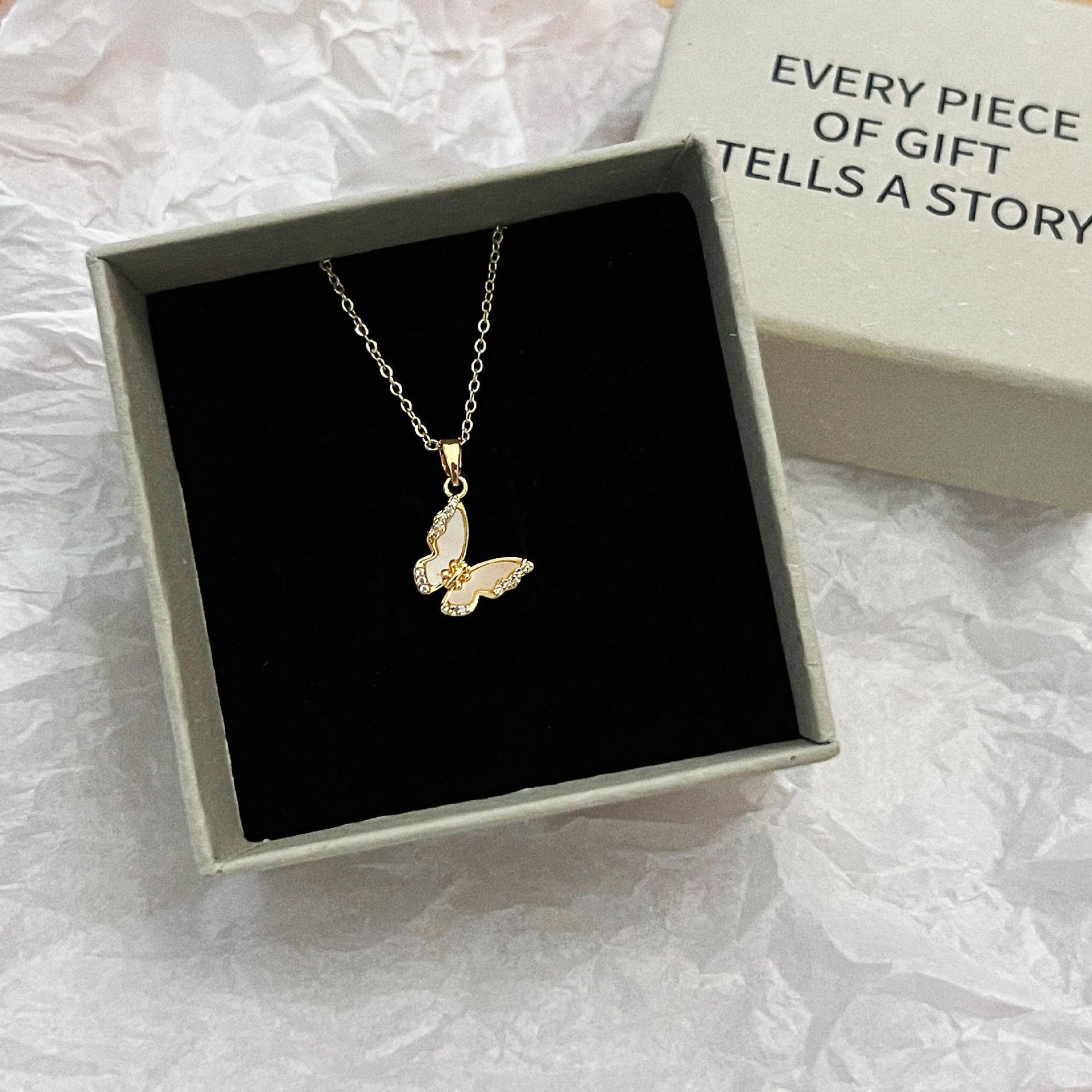Diamond Butterfly Pendant Necklace: Elegant Shell Inlaid Design, French Retro Style, Perfect for Summer