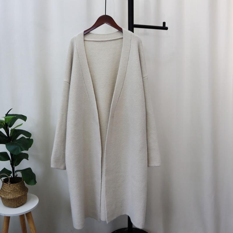 Autumn and Winter New Medium and Long Knitted Cardigan Women's Solid Color Loose Lazy Style Versatile Sweater Jacket