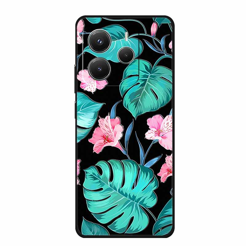 3D Emboss Case For Xiaomi Redmi Note 14 Phone Case Flowers Black Silicone Soft Back Cover Coque For Redmi Note 14 5G Global Case
