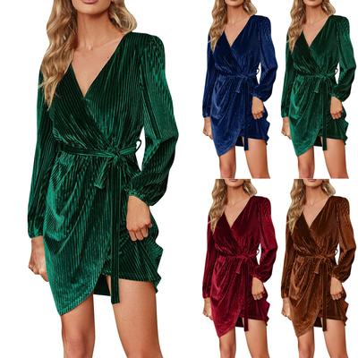 Women's Casual Color Lace-Up Color Velvet Long Sleeve Party Gown Dress