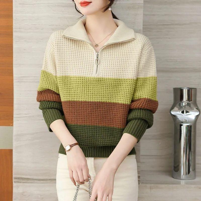 Women's Color Block Striped Half-Zip Sweater - Spring/Autumn Lazy Style Pullover Knit